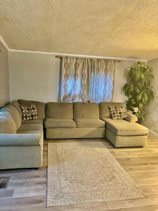 living room featuring hardwood / wood-style floors, crown molding, and a textured ceiling