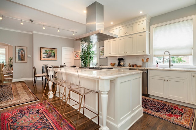 kitchen featuring a kitchen island, white cabinetry, sink, island exhaust hood, and light stone counters