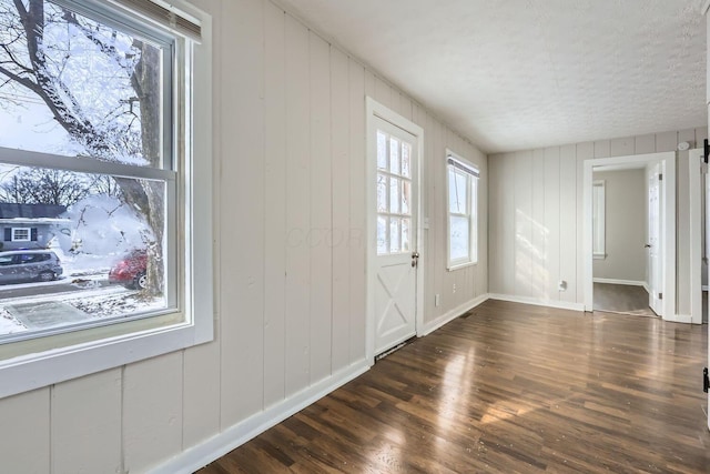 foyer with dark wood-type flooring, wooden walls, and a textured ceiling