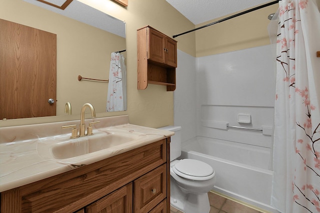 full bathroom with tile patterned flooring, shower / bath combination with curtain, a textured ceiling, toilet, and vanity