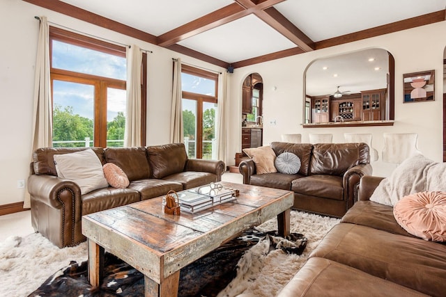 living room with ceiling fan, beam ceiling, wine cooler, and french doors