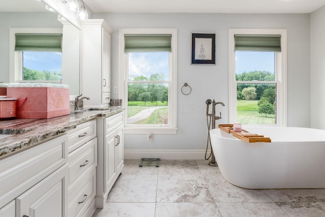 bathroom with plenty of natural light, vanity, and a bath