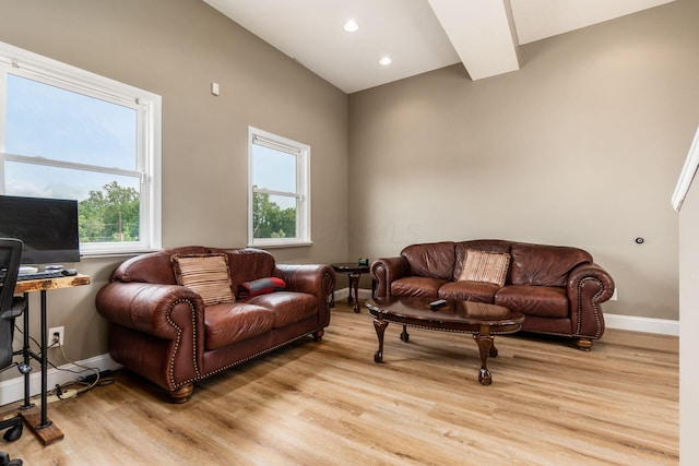 living room featuring vaulted ceiling, light hardwood / wood-style flooring, and plenty of natural light