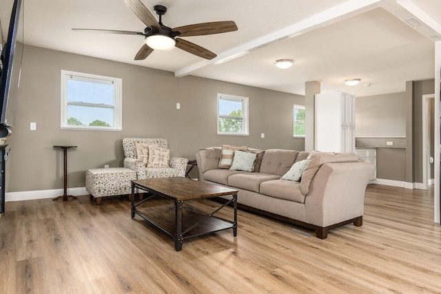 living room featuring beam ceiling, ceiling fan, and light hardwood / wood-style floors