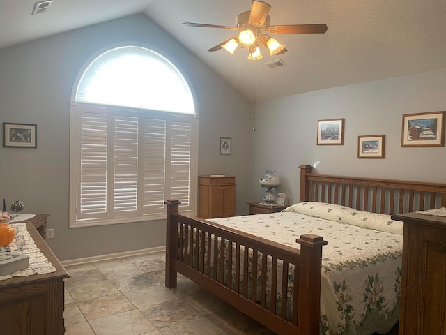 bedroom featuring ceiling fan and lofted ceiling