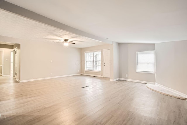 empty room with light hardwood / wood-style floors and ceiling fan