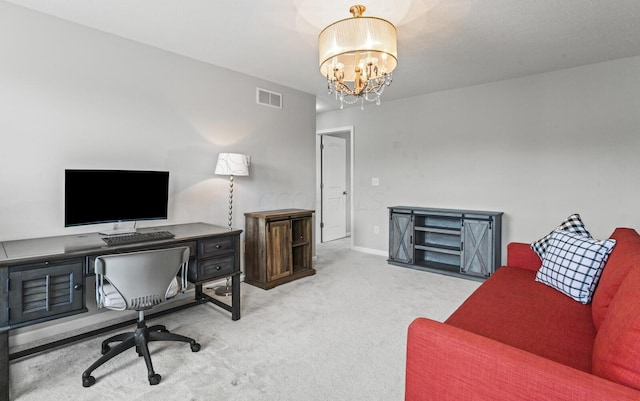 office space featuring light colored carpet and a notable chandelier