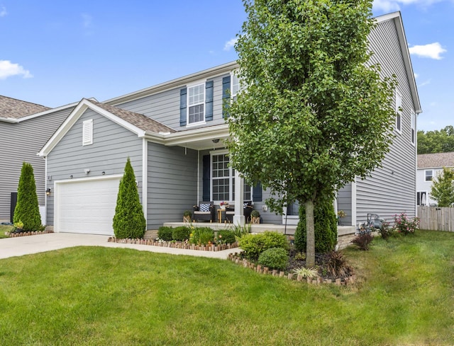 view of front of home featuring a garage, covered porch, and a front lawn