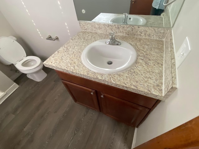 bathroom featuring vanity, wood-type flooring, and toilet