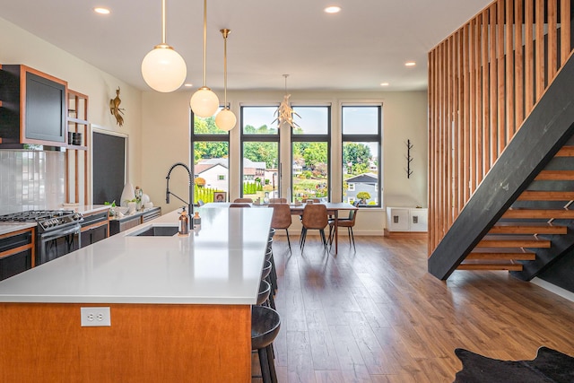 kitchen featuring sink, dark wood-type flooring, stainless steel gas range, a kitchen breakfast bar, and a kitchen island with sink