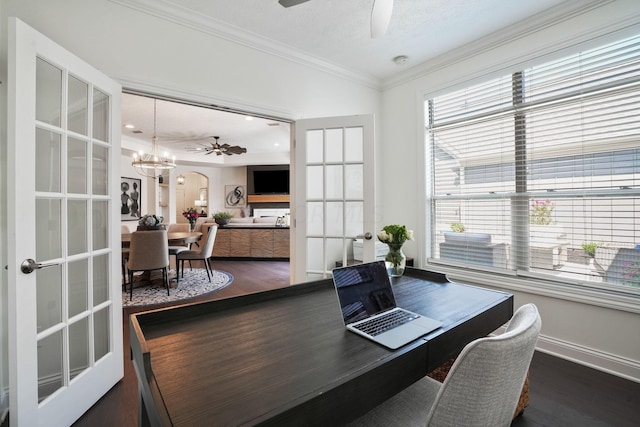 office area with dark hardwood / wood-style floors, crown molding, a wealth of natural light, and french doors