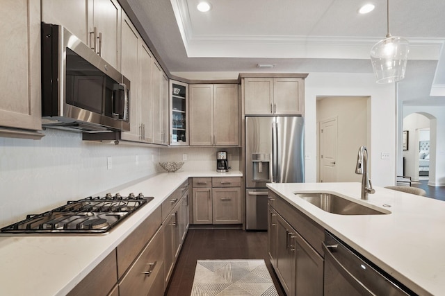 kitchen featuring dark hardwood / wood-style floors, ornamental molding, sink, and appliances with stainless steel finishes