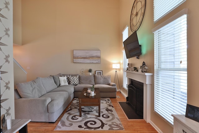 living room featuring a towering ceiling and light hardwood / wood-style floors