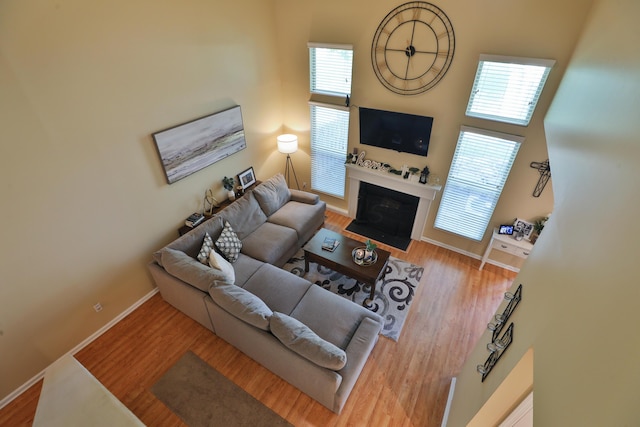 living room with light hardwood / wood-style flooring and a towering ceiling