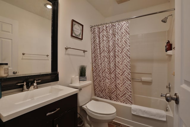 full bathroom with shower / bath combination with curtain, vanity, toilet, and tile patterned floors