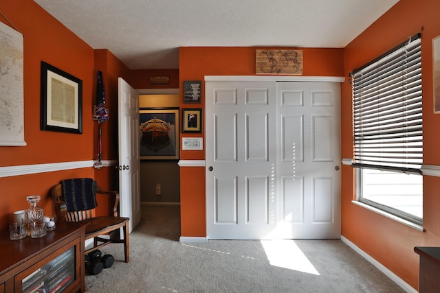 foyer entrance featuring light colored carpet and a textured ceiling