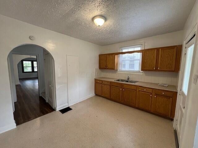 kitchen with hardwood / wood-style floors, sink, a healthy amount of sunlight, and a textured ceiling