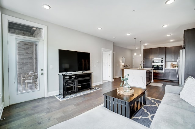 living room with dark wood-type flooring