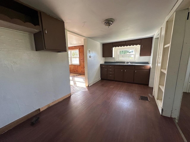 kitchen with dark hardwood / wood-style floors, dark brown cabinets, sink, and a wealth of natural light