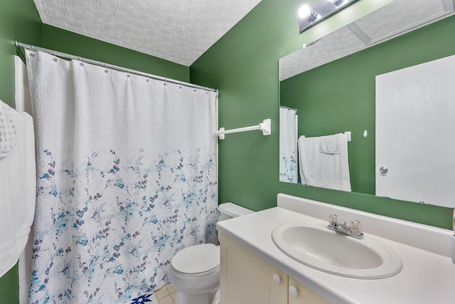 bathroom featuring curtained shower, tile patterned floors, a textured ceiling, toilet, and vanity