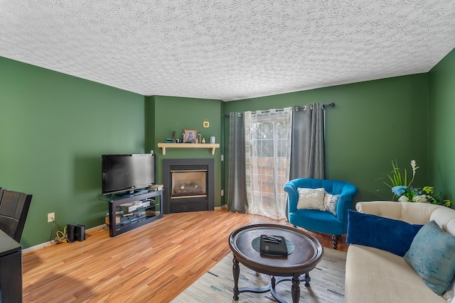 living room featuring a textured ceiling and hardwood / wood-style flooring