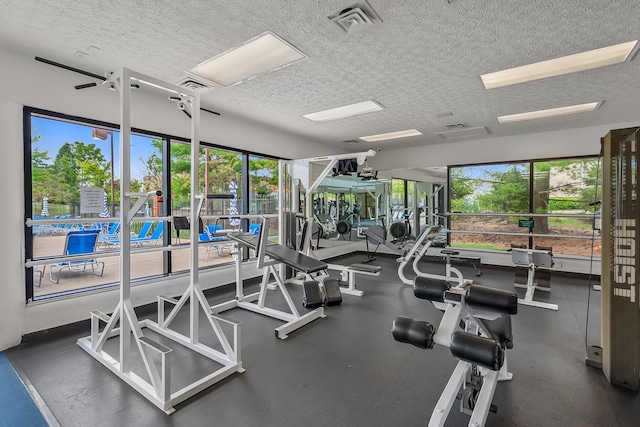 exercise room featuring a healthy amount of sunlight and a textured ceiling