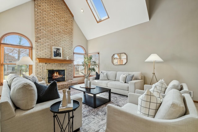 living area featuring high vaulted ceiling, a brick fireplace, and a skylight