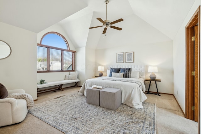 bedroom featuring baseboards, light colored carpet, high vaulted ceiling, and ceiling fan