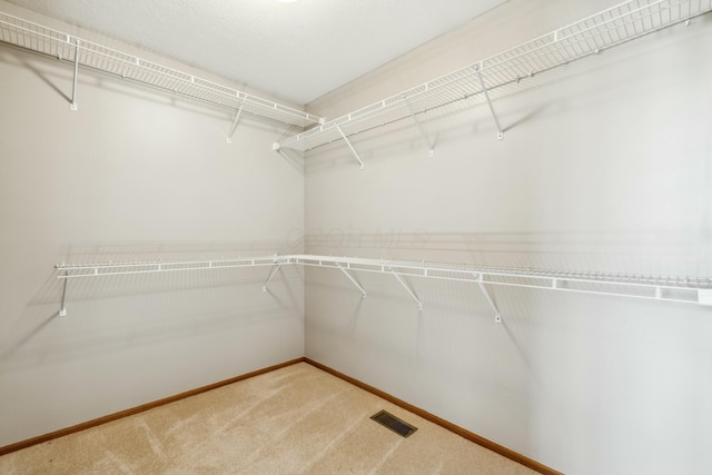 spacious closet with light carpet and visible vents