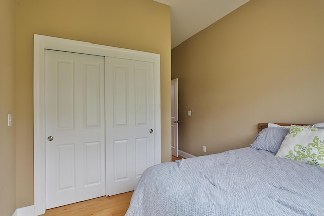 bedroom featuring lofted ceiling, wood-type flooring, and a closet