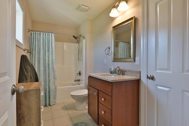 full bathroom with tile patterned flooring, vanity, toilet, and shower / tub combo