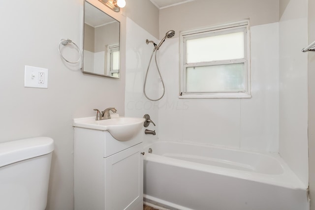 full bathroom featuring vanity, shower / bath combination, and toilet