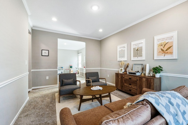 living room featuring light colored carpet and crown molding