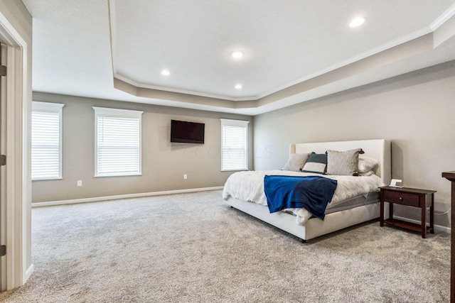 carpeted bedroom with a raised ceiling and ornamental molding