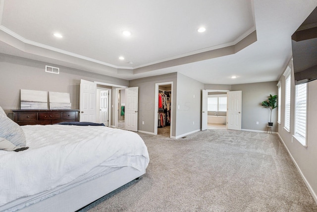 bedroom featuring a raised ceiling, a closet, a spacious closet, and crown molding