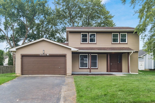 front facade with covered porch, a garage, and a front lawn