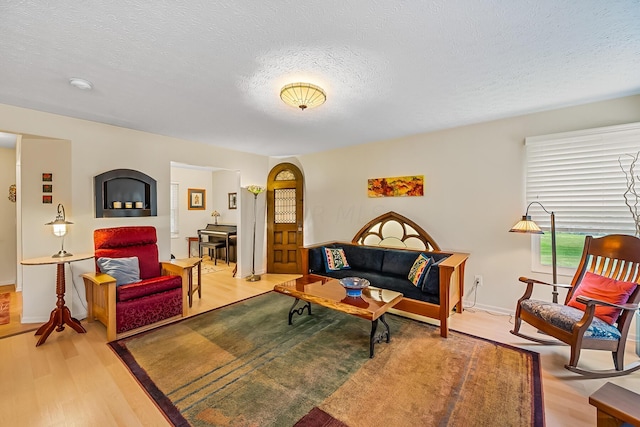 living room with hardwood / wood-style flooring and a textured ceiling