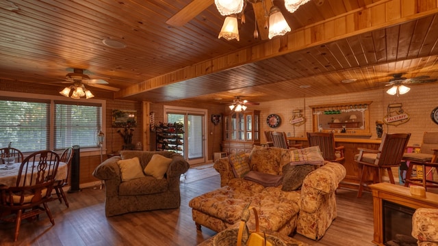 living room with hardwood / wood-style flooring and wooden ceiling