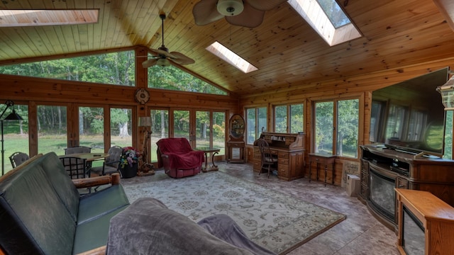 living room featuring a skylight, high vaulted ceiling, ceiling fan, and wooden ceiling