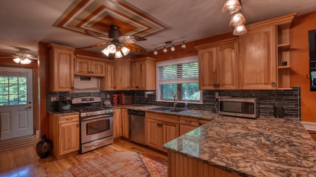 kitchen with plenty of natural light, light wood-type flooring, sink, and appliances with stainless steel finishes