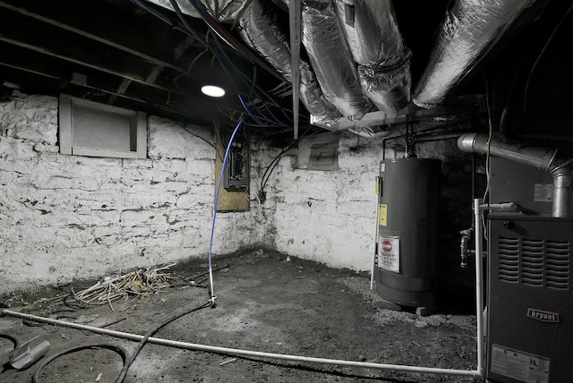 unfinished below grade area with heating unit and water heater