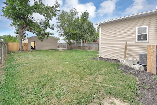 view of yard with central AC and a fenced backyard