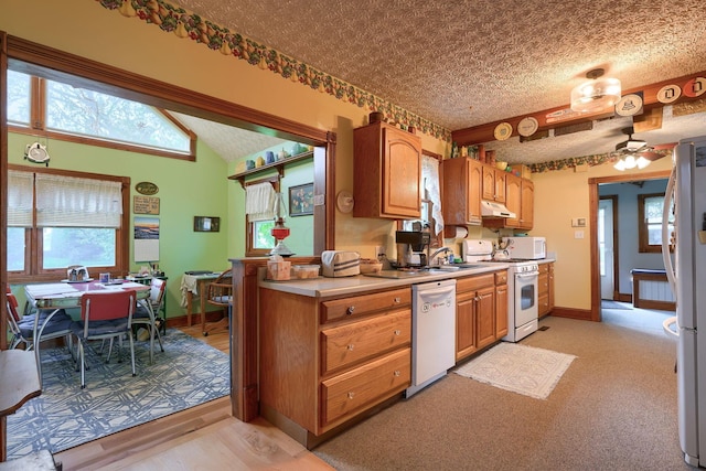 kitchen featuring plenty of natural light, white appliances, and a textured ceiling