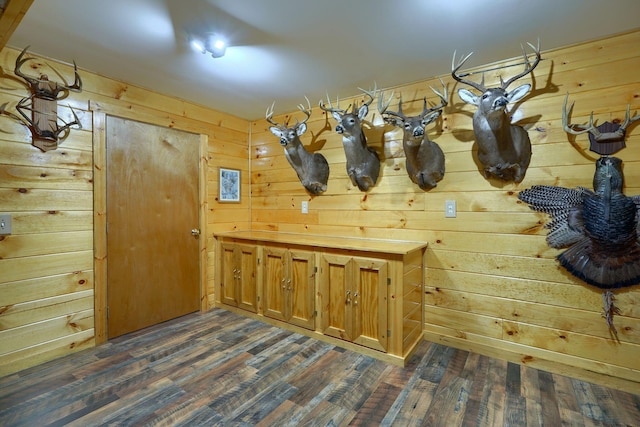 interior space featuring dark hardwood / wood-style floors and wooden walls