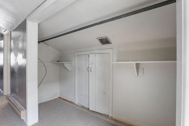 bathroom featuring lofted ceiling