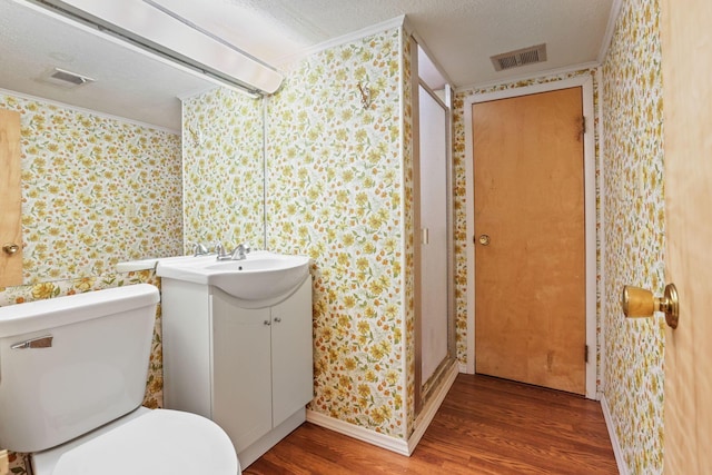 bathroom featuring vanity, toilet, wood-type flooring, and a textured ceiling