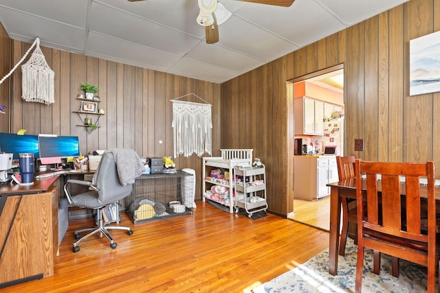 office area featuring ceiling fan, wood walls, and light wood-type flooring