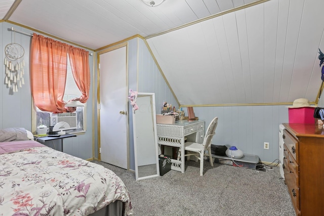 carpeted bedroom with wooden walls, wooden ceiling, cooling unit, and lofted ceiling