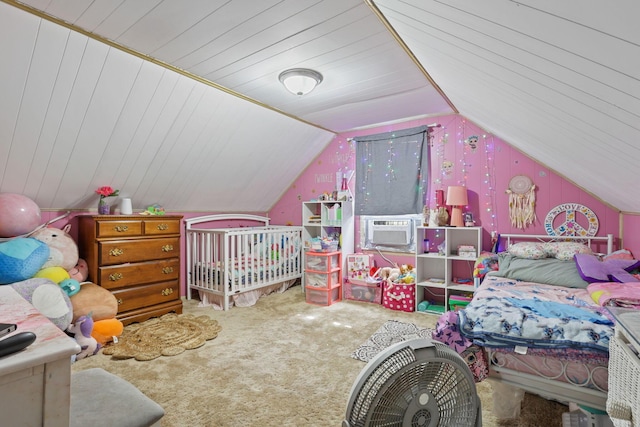 bedroom featuring carpet flooring, cooling unit, lofted ceiling, and wood ceiling