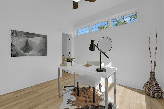 home office featuring light hardwood / wood-style flooring and ceiling fan